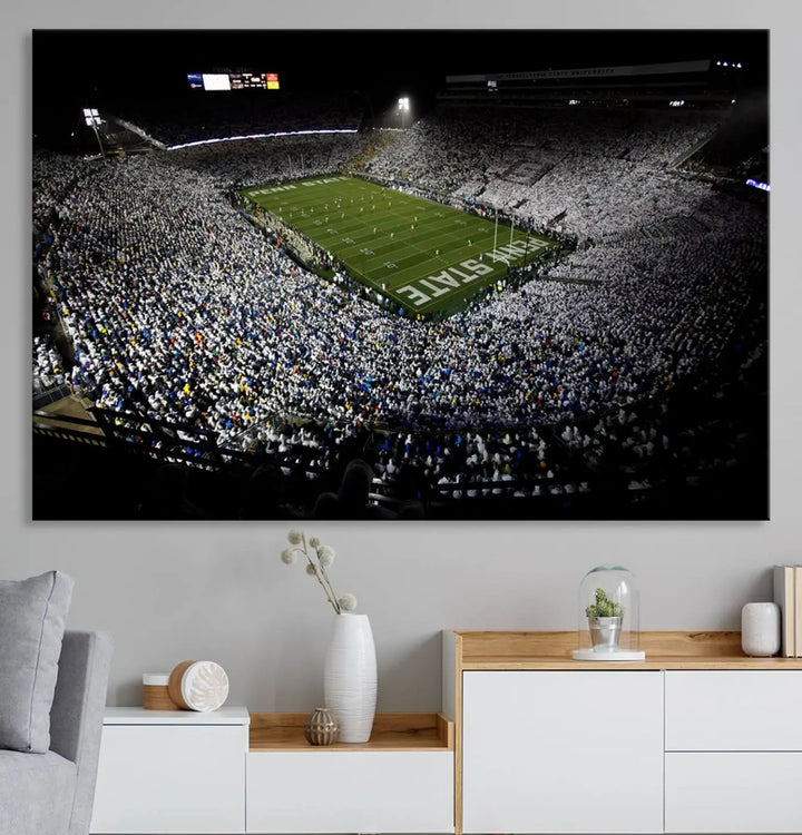 A print of the Penn State Nittany Lions football team, showcasing University Park's Beaver Stadium at night with a gallery-quality finish.