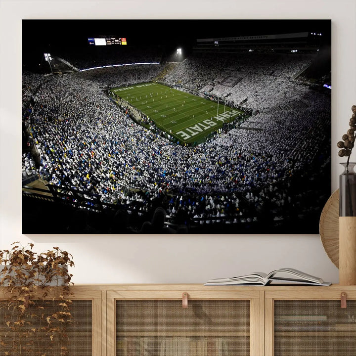 A print of the Penn State Nittany Lions football team, showcasing University Park's Beaver Stadium at night with a gallery-quality finish.