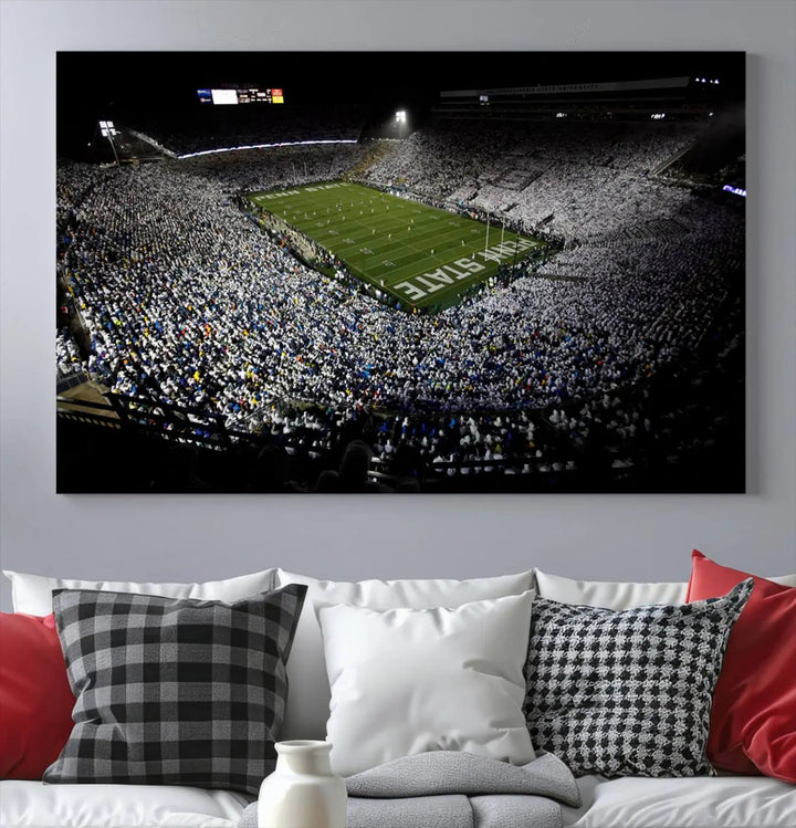 A print of the Penn State Nittany Lions football team, showcasing University Park's Beaver Stadium at night with a gallery-quality finish.