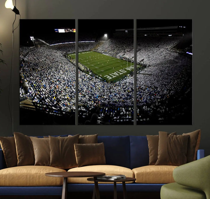 A print of the Penn State Nittany Lions football team, showcasing University Park's Beaver Stadium at night with a gallery-quality finish.