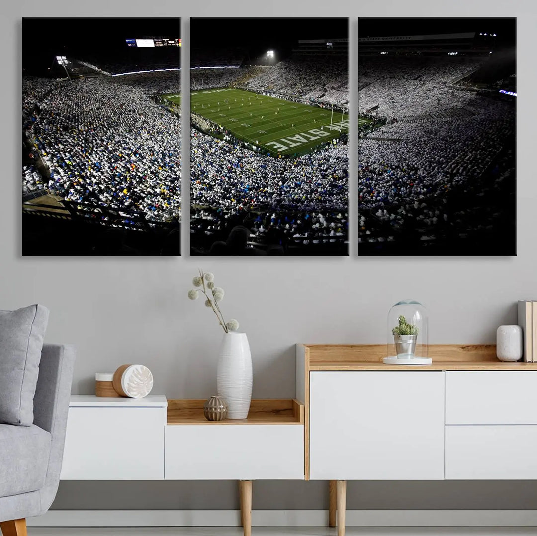 A print of the Penn State Nittany Lions football team, showcasing University Park's Beaver Stadium at night with a gallery-quality finish.