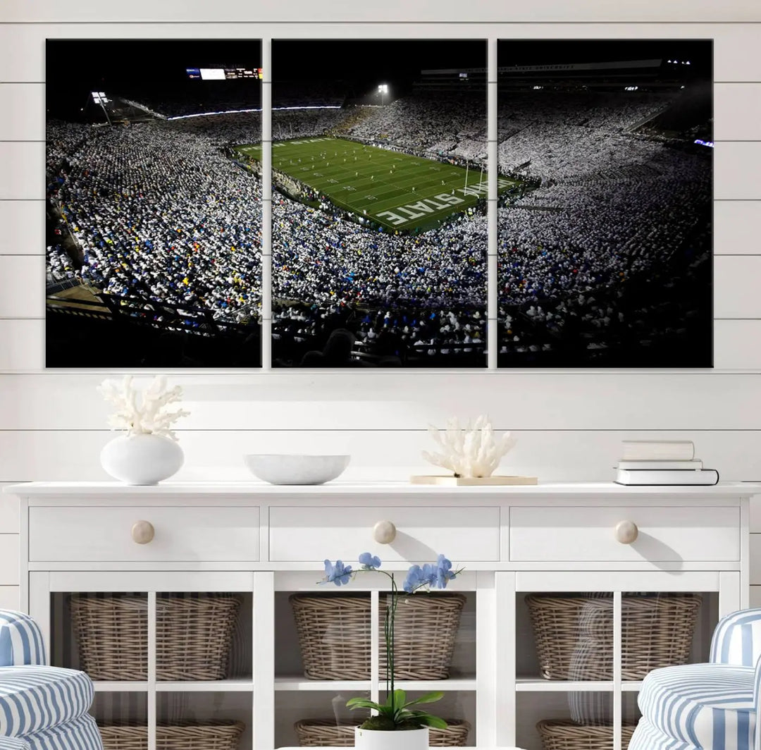 A print of the Penn State Nittany Lions football team, showcasing University Park's Beaver Stadium at night with a gallery-quality finish.