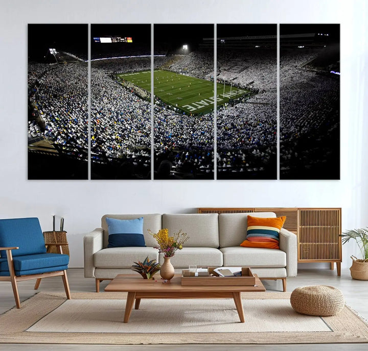 A print of the Penn State Nittany Lions football team, showcasing University Park's Beaver Stadium at night with a gallery-quality finish.