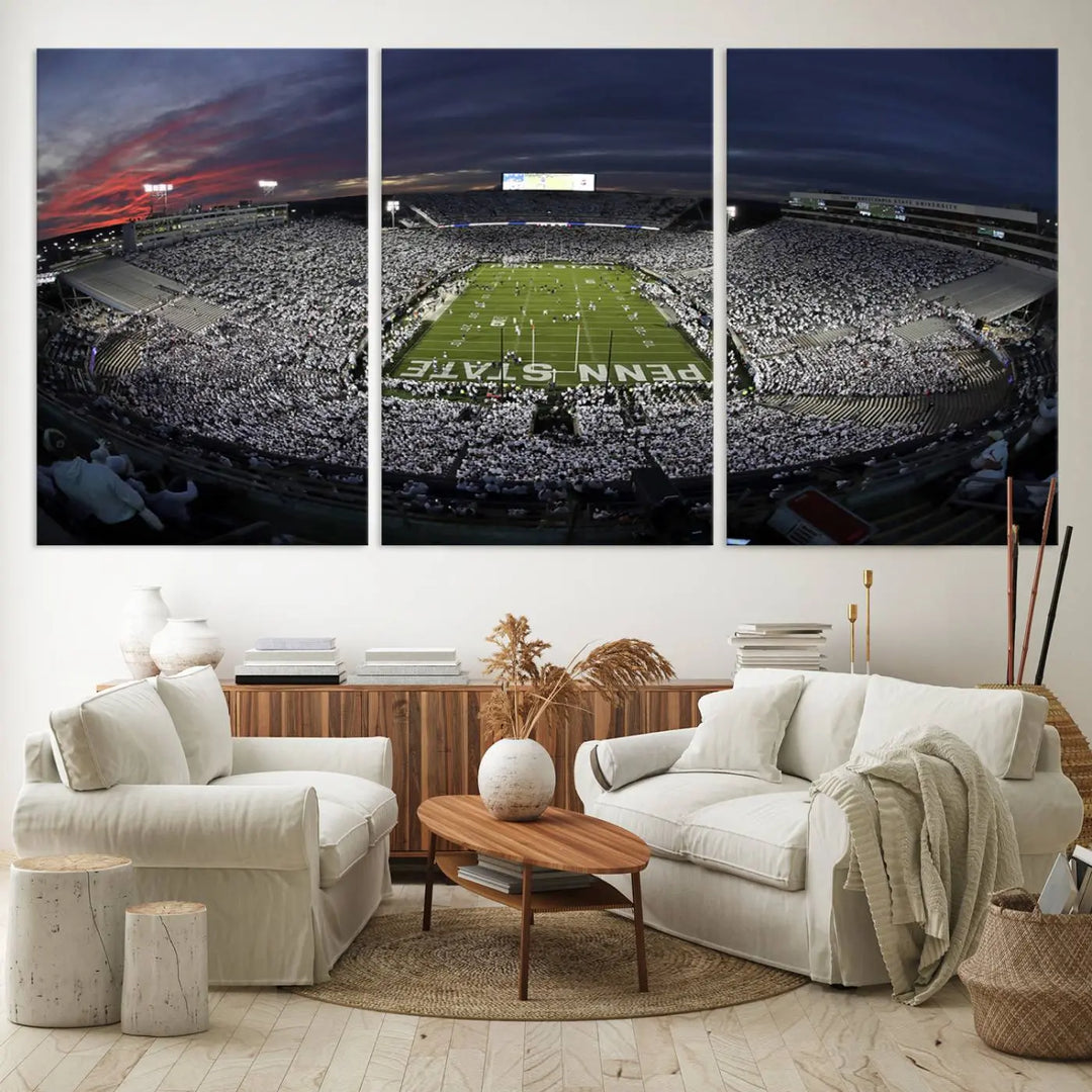 The Penn State University Nittany Lions Football Team Print, showcasing a panoramic view of University Park Beaver Stadium at sunset, features a gallery-quality finish on premium canvas that adds an elegant touch.