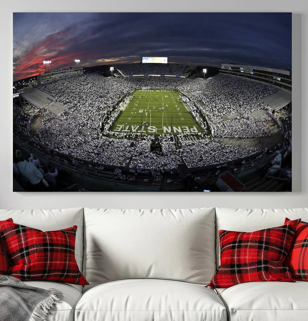 The Penn State University Nittany Lions Football Team Print, showcasing a panoramic view of University Park Beaver Stadium at sunset, features a gallery-quality finish on premium canvas that adds an elegant touch.