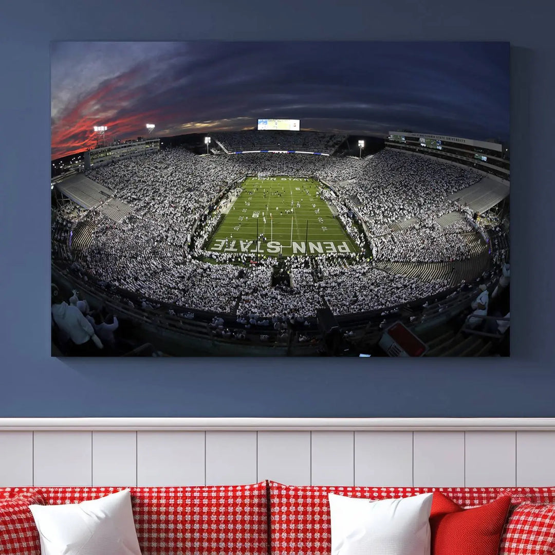 The Penn State University Nittany Lions Football Team Print, showcasing a panoramic view of University Park Beaver Stadium at sunset, features a gallery-quality finish on premium canvas that adds an elegant touch.