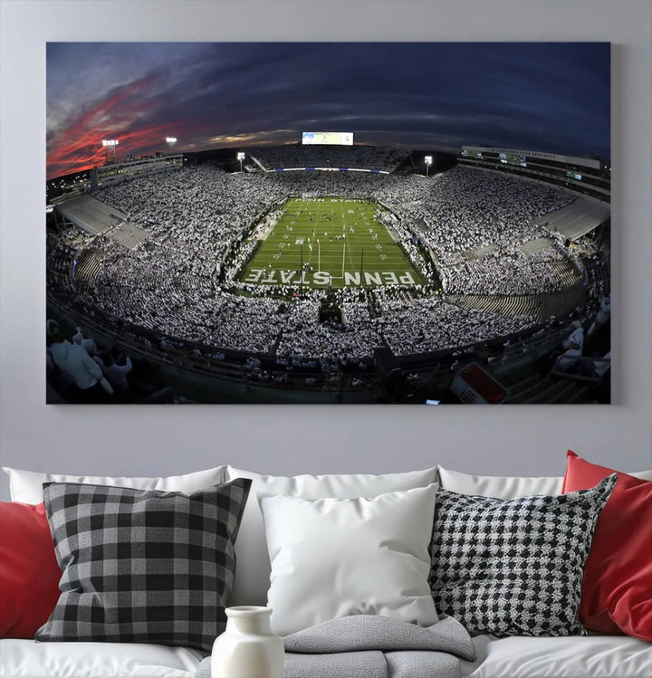 The Penn State University Nittany Lions Football Team Print, showcasing a panoramic view of University Park Beaver Stadium at sunset, features a gallery-quality finish on premium canvas that adds an elegant touch.