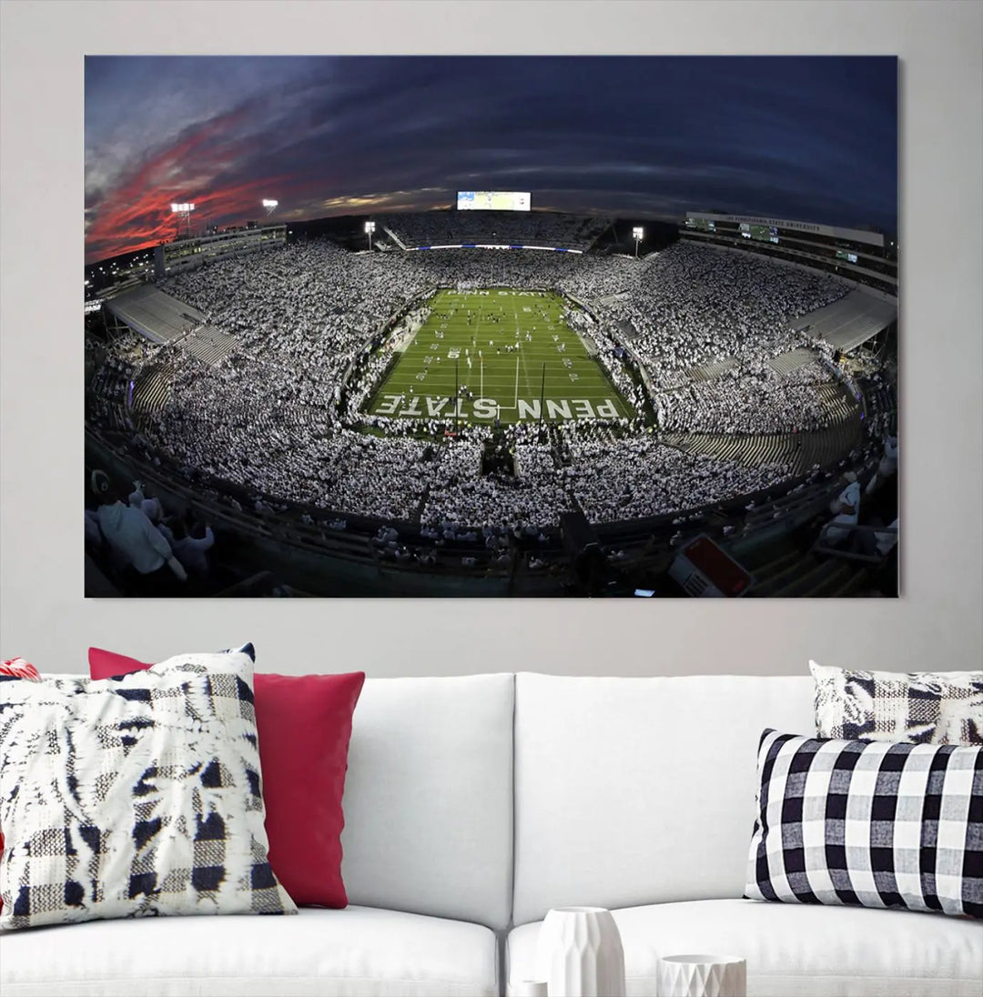 The Penn State University Nittany Lions Football Team Print, showcasing a panoramic view of University Park Beaver Stadium at sunset, features a gallery-quality finish on premium canvas that adds an elegant touch.