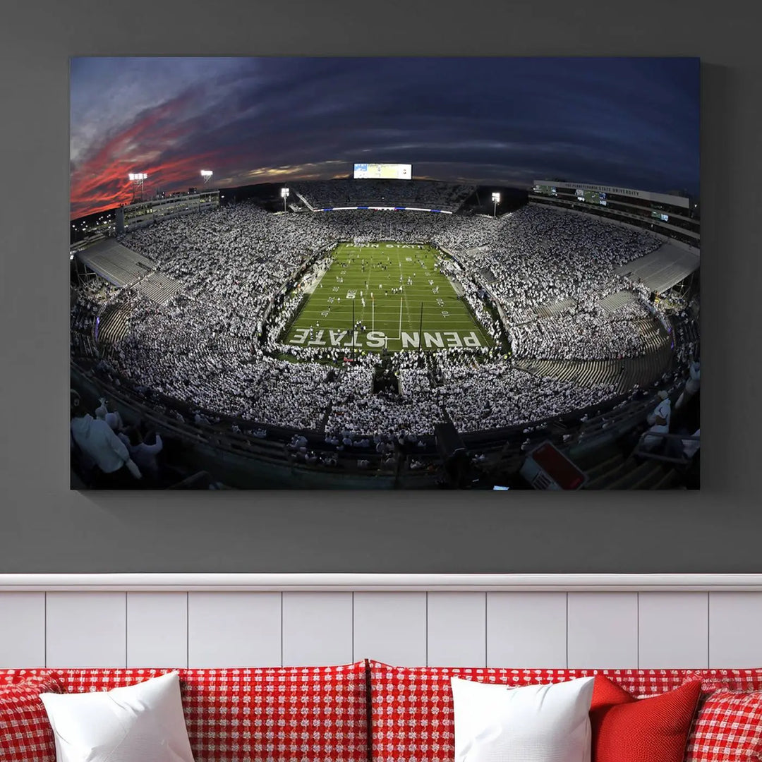 The Penn State University Nittany Lions Football Team Print, showcasing a panoramic view of University Park Beaver Stadium at sunset, features a gallery-quality finish on premium canvas that adds an elegant touch.