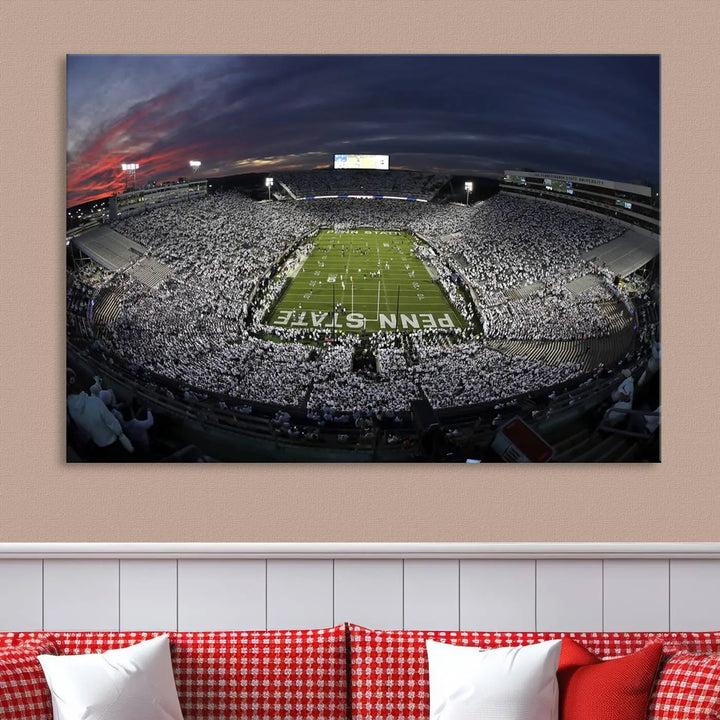 The Penn State University Nittany Lions Football Team Print, showcasing a panoramic view of University Park Beaver Stadium at sunset, features a gallery-quality finish on premium canvas that adds an elegant touch.