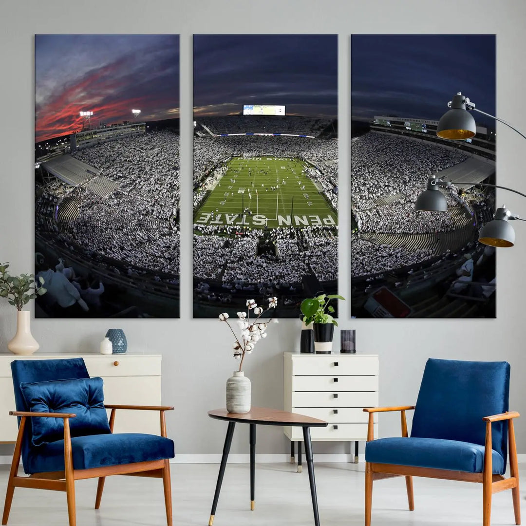 The Penn State University Nittany Lions Football Team Print, showcasing a panoramic view of University Park Beaver Stadium at sunset, features a gallery-quality finish on premium canvas that adds an elegant touch.