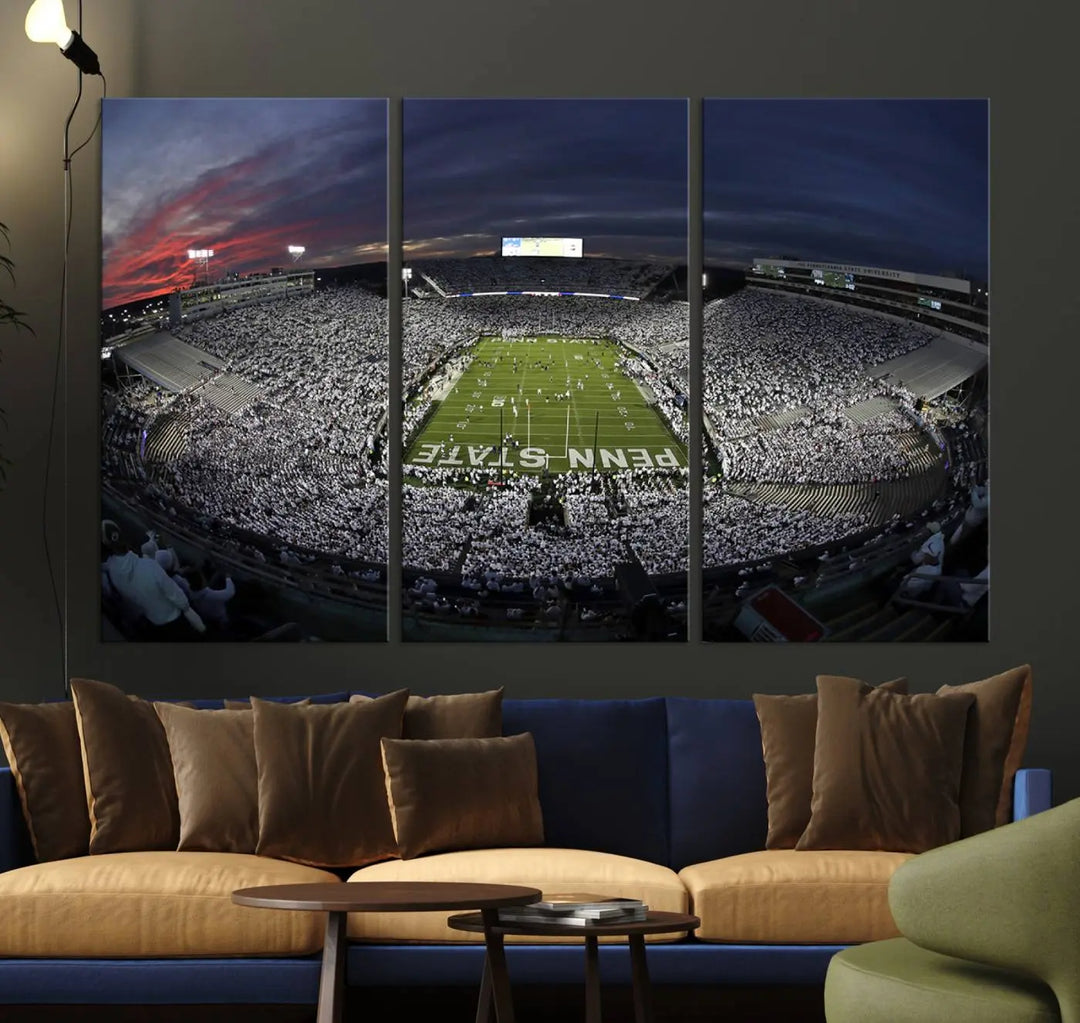 The Penn State University Nittany Lions Football Team Print, showcasing a panoramic view of University Park Beaver Stadium at sunset, features a gallery-quality finish on premium canvas that adds an elegant touch.