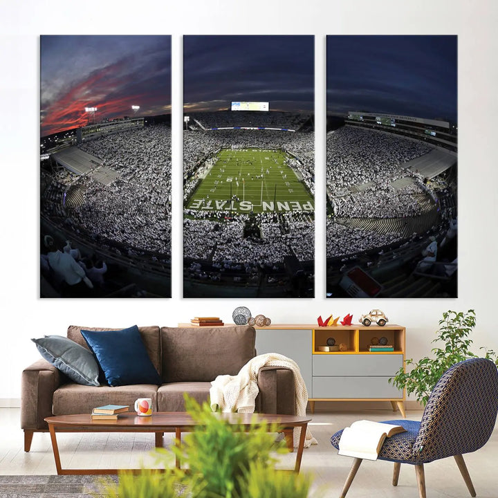 The Penn State University Nittany Lions Football Team Print, showcasing a panoramic view of University Park Beaver Stadium at sunset, features a gallery-quality finish on premium canvas that adds an elegant touch.