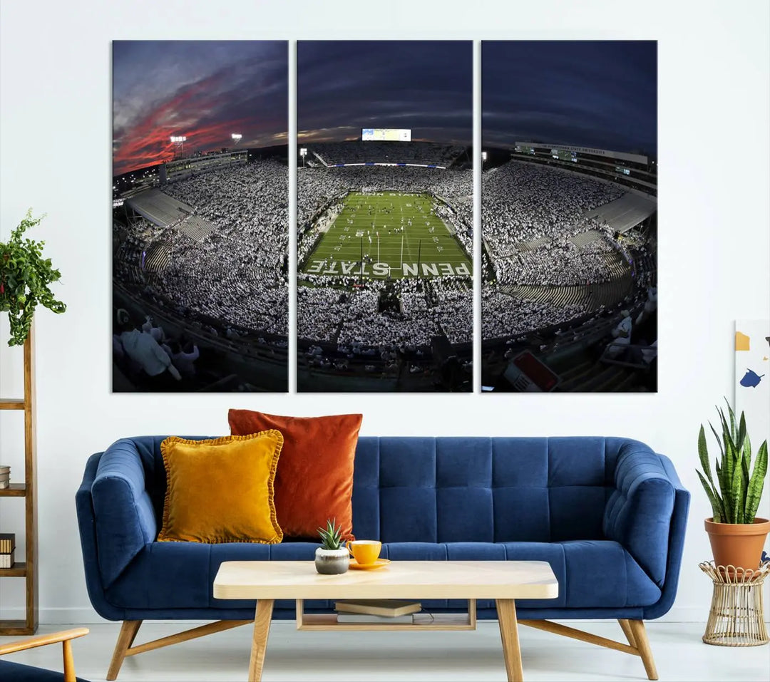 The Penn State University Nittany Lions Football Team Print, showcasing a panoramic view of University Park Beaver Stadium at sunset, features a gallery-quality finish on premium canvas that adds an elegant touch.