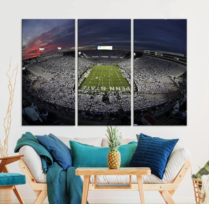 The Penn State University Nittany Lions Football Team Print, showcasing a panoramic view of University Park Beaver Stadium at sunset, features a gallery-quality finish on premium canvas that adds an elegant touch.