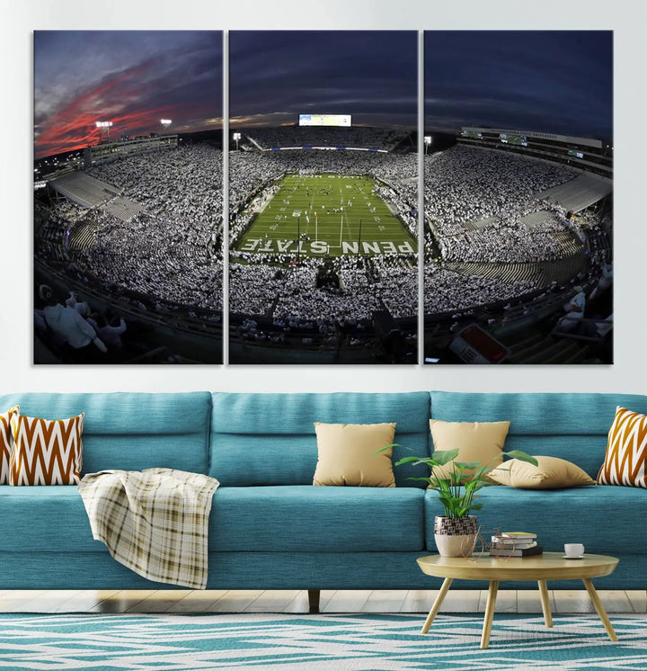 The Penn State University Nittany Lions Football Team Print, showcasing a panoramic view of University Park Beaver Stadium at sunset, features a gallery-quality finish on premium canvas that adds an elegant touch.