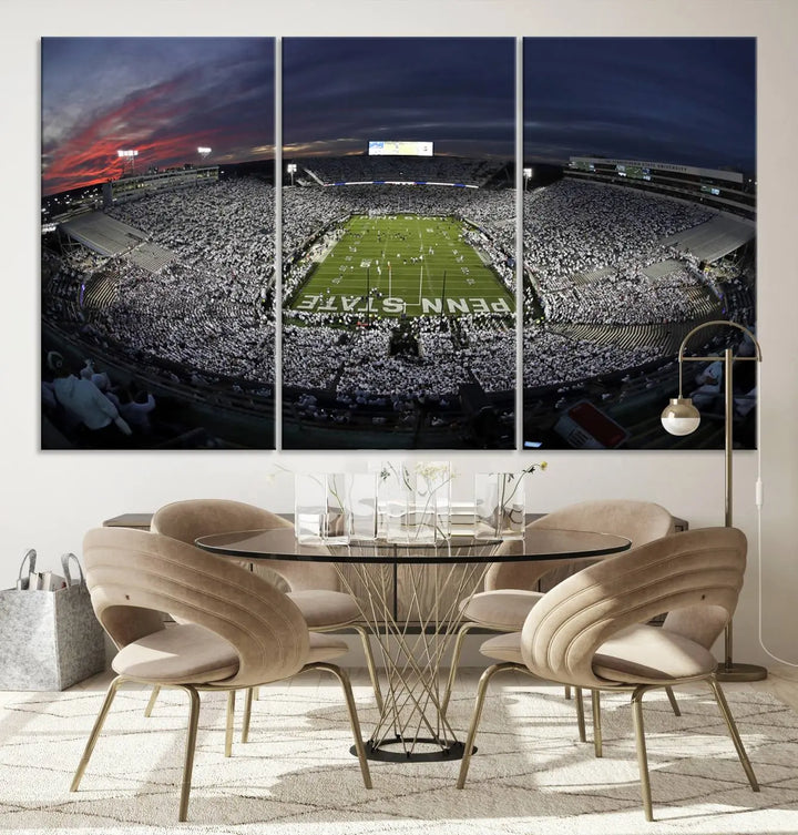 The Penn State University Nittany Lions Football Team Print, showcasing a panoramic view of University Park Beaver Stadium at sunset, features a gallery-quality finish on premium canvas that adds an elegant touch.