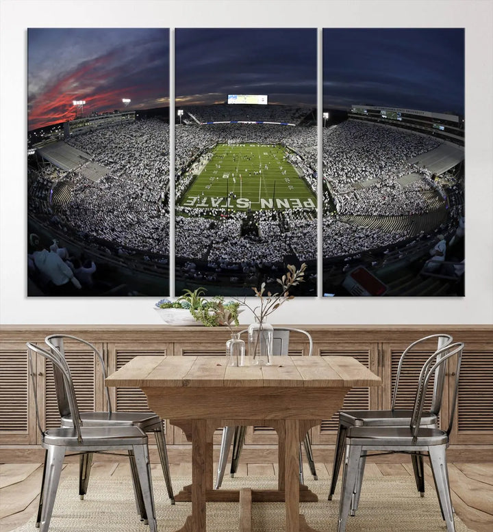 The Penn State University Nittany Lions Football Team Print, showcasing a panoramic view of University Park Beaver Stadium at sunset, features a gallery-quality finish on premium canvas that adds an elegant touch.