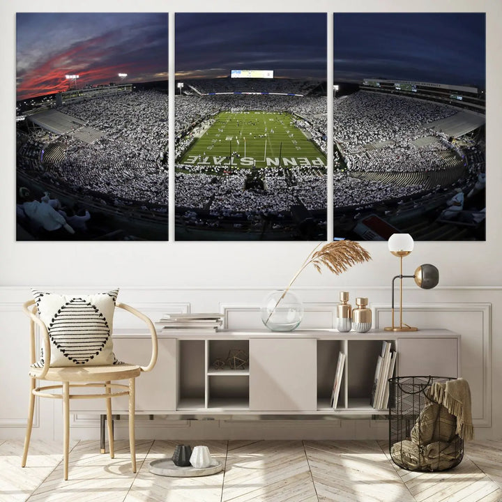 The Penn State University Nittany Lions Football Team Print, showcasing a panoramic view of University Park Beaver Stadium at sunset, features a gallery-quality finish on premium canvas that adds an elegant touch.