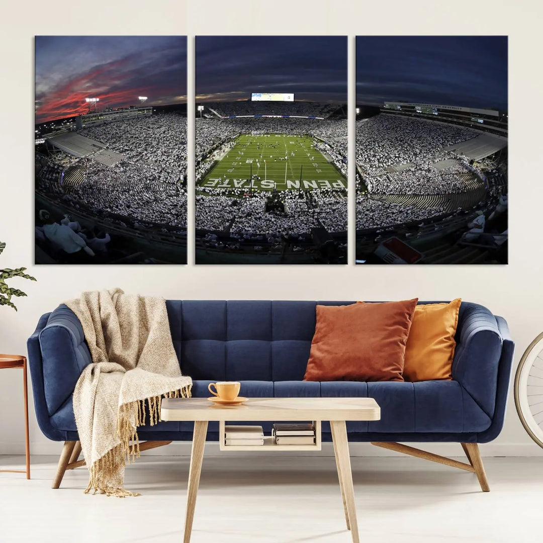 The Penn State University Nittany Lions Football Team Print, showcasing a panoramic view of University Park Beaver Stadium at sunset, features a gallery-quality finish on premium canvas that adds an elegant touch.