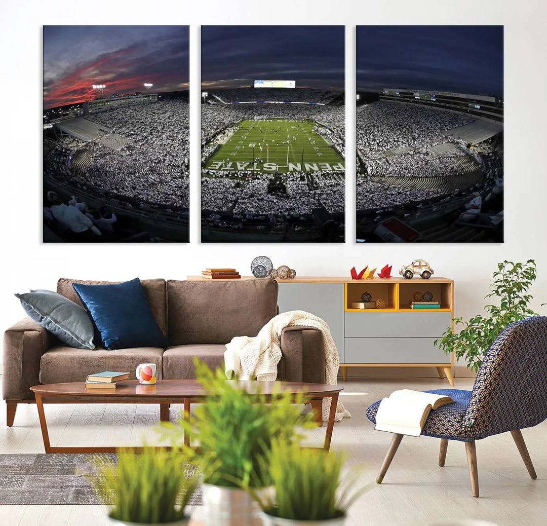 The Penn State University Nittany Lions Football Team Print, showcasing a panoramic view of University Park Beaver Stadium at sunset, features a gallery-quality finish on premium canvas that adds an elegant touch.