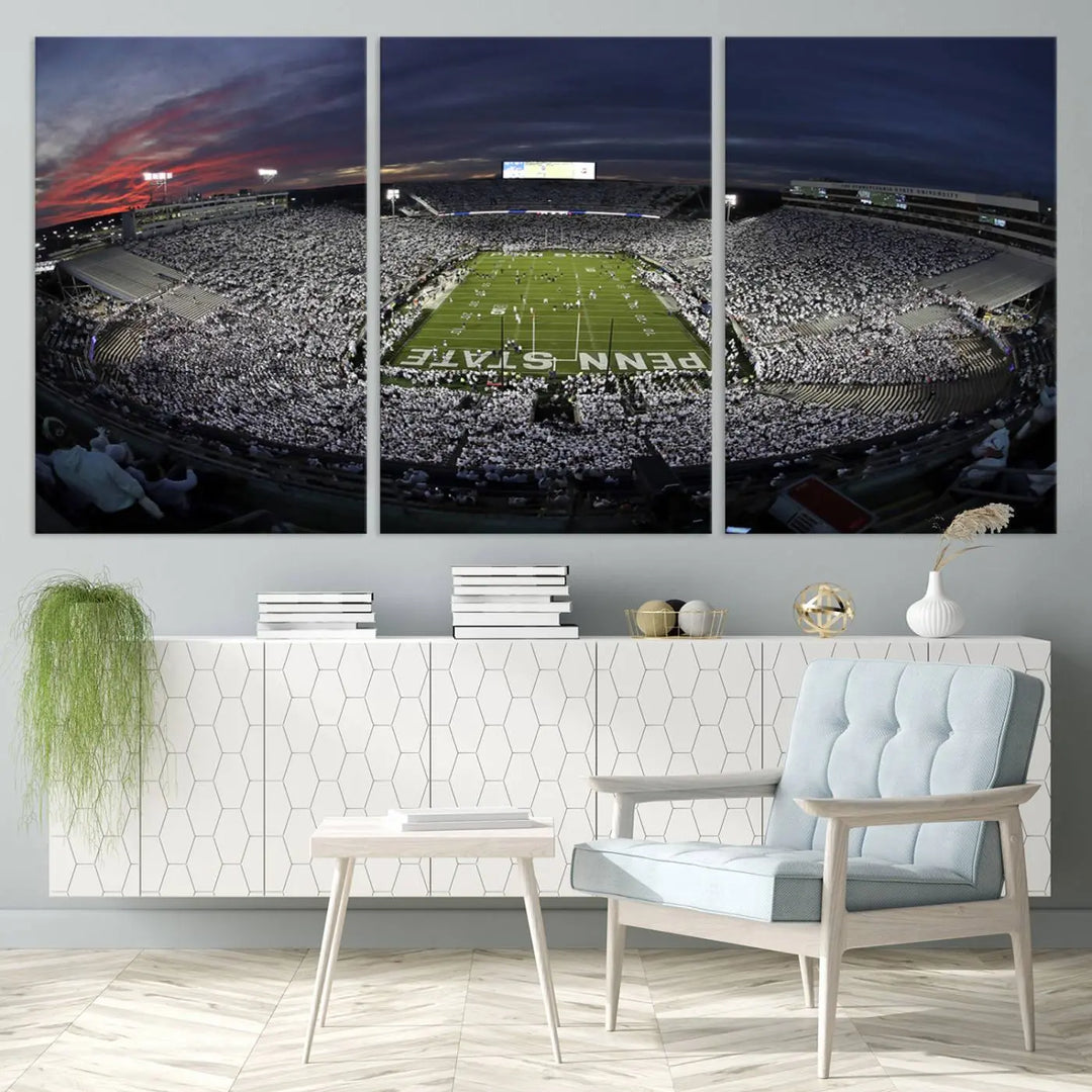 The Penn State University Nittany Lions Football Team Print, showcasing a panoramic view of University Park Beaver Stadium at sunset, features a gallery-quality finish on premium canvas that adds an elegant touch.