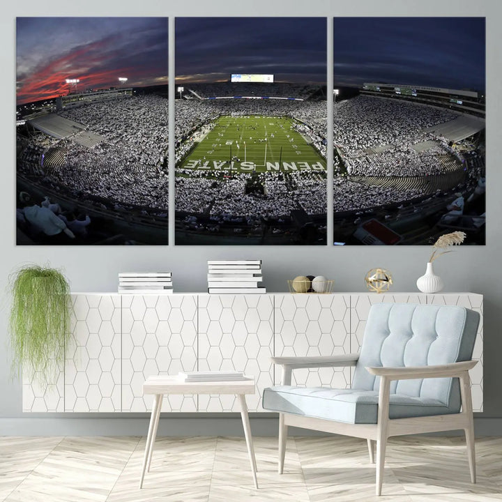 The Penn State University Nittany Lions Football Team Print, showcasing a panoramic view of University Park Beaver Stadium at sunset, features a gallery-quality finish on premium canvas that adds an elegant touch.