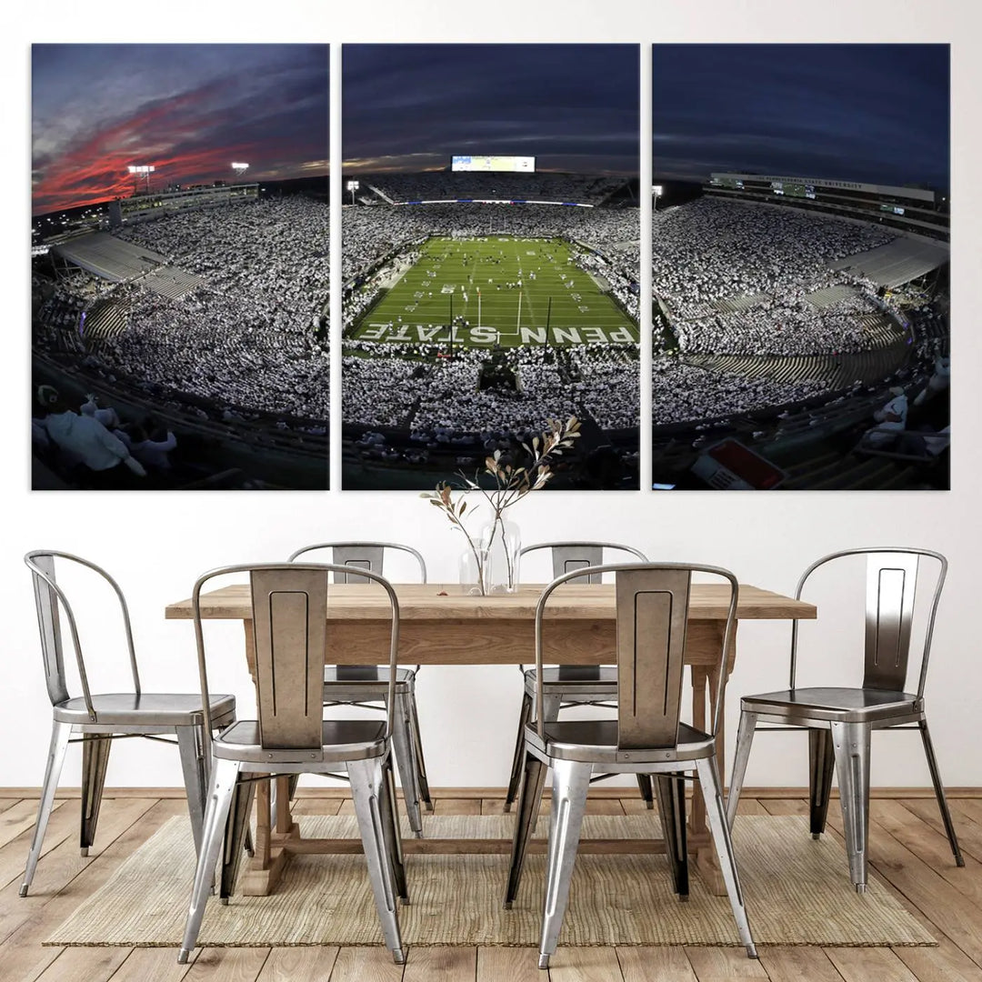 The Penn State University Nittany Lions Football Team Print, showcasing a panoramic view of University Park Beaver Stadium at sunset, features a gallery-quality finish on premium canvas that adds an elegant touch.