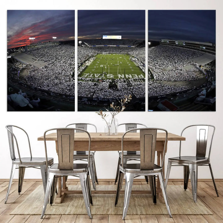 The Penn State University Nittany Lions Football Team Print, showcasing a panoramic view of University Park Beaver Stadium at sunset, features a gallery-quality finish on premium canvas that adds an elegant touch.