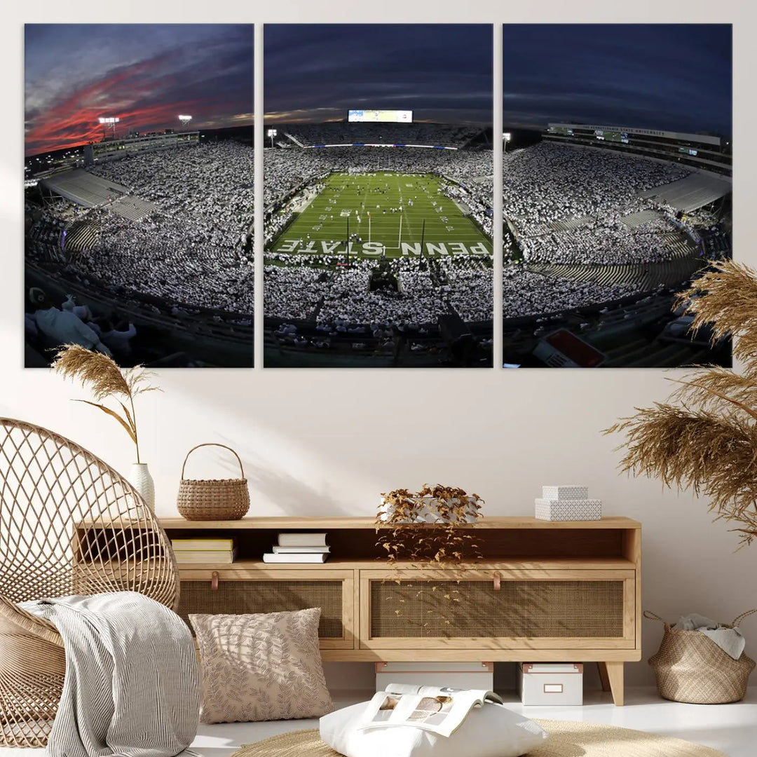 The Penn State University Nittany Lions Football Team Print, showcasing a panoramic view of University Park Beaver Stadium at sunset, features a gallery-quality finish on premium canvas that adds an elegant touch.