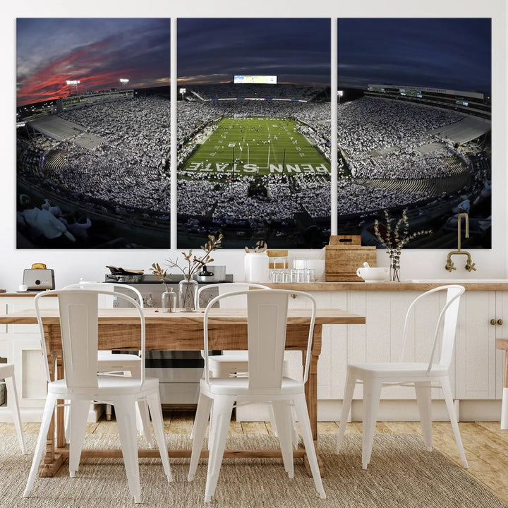 The Penn State University Nittany Lions Football Team Print, showcasing a panoramic view of University Park Beaver Stadium at sunset, features a gallery-quality finish on premium canvas that adds an elegant touch.