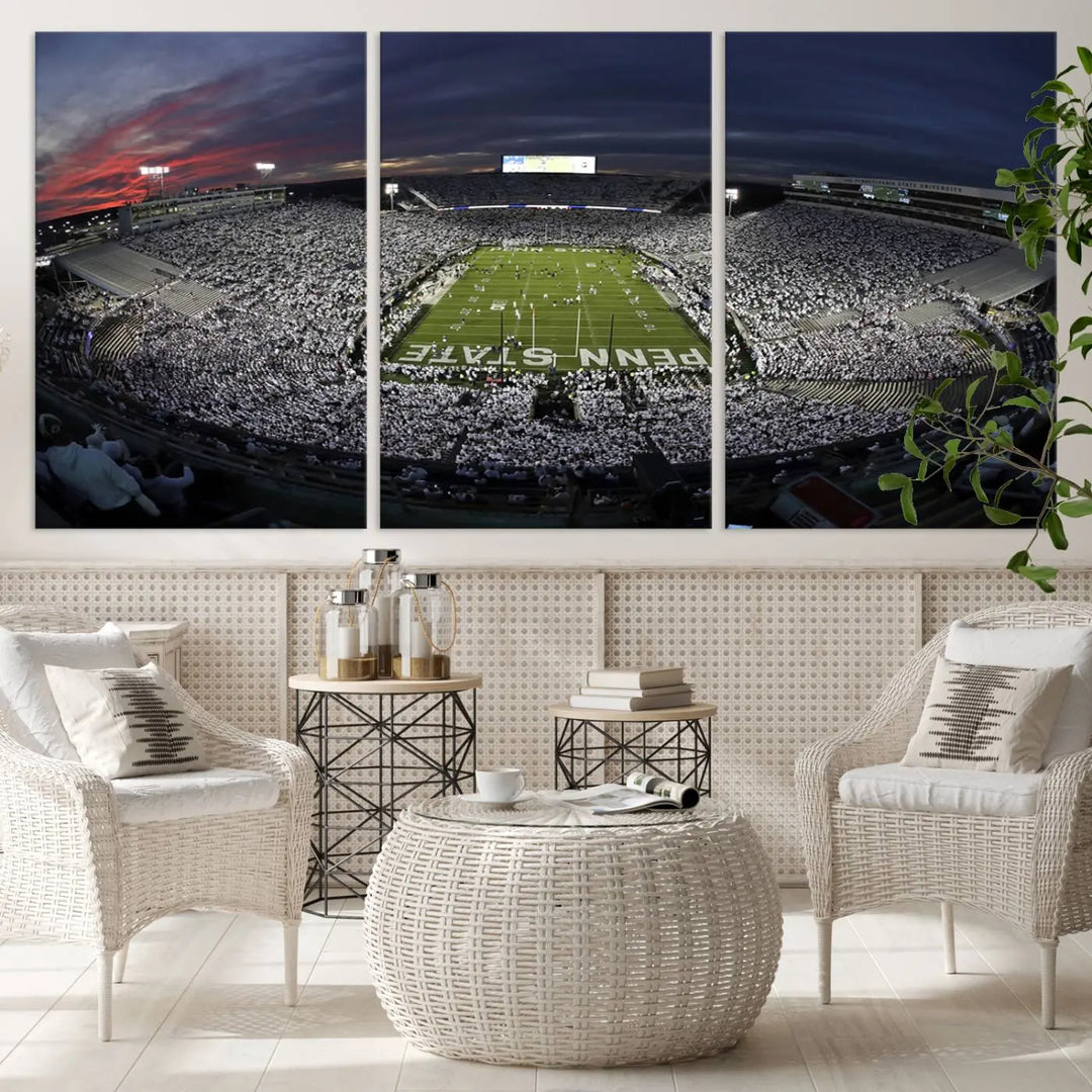 The Penn State University Nittany Lions Football Team Print, showcasing a panoramic view of University Park Beaver Stadium at sunset, features a gallery-quality finish on premium canvas that adds an elegant touch.