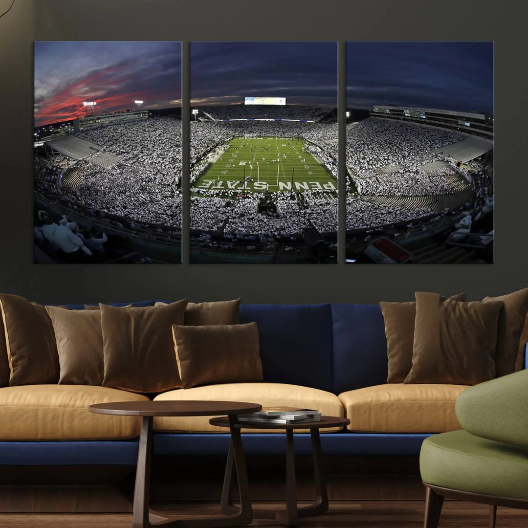 The Penn State University Nittany Lions Football Team Print, showcasing a panoramic view of University Park Beaver Stadium at sunset, features a gallery-quality finish on premium canvas that adds an elegant touch.