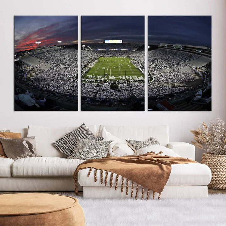 The Penn State University Nittany Lions Football Team Print, showcasing a panoramic view of University Park Beaver Stadium at sunset, features a gallery-quality finish on premium canvas that adds an elegant touch.