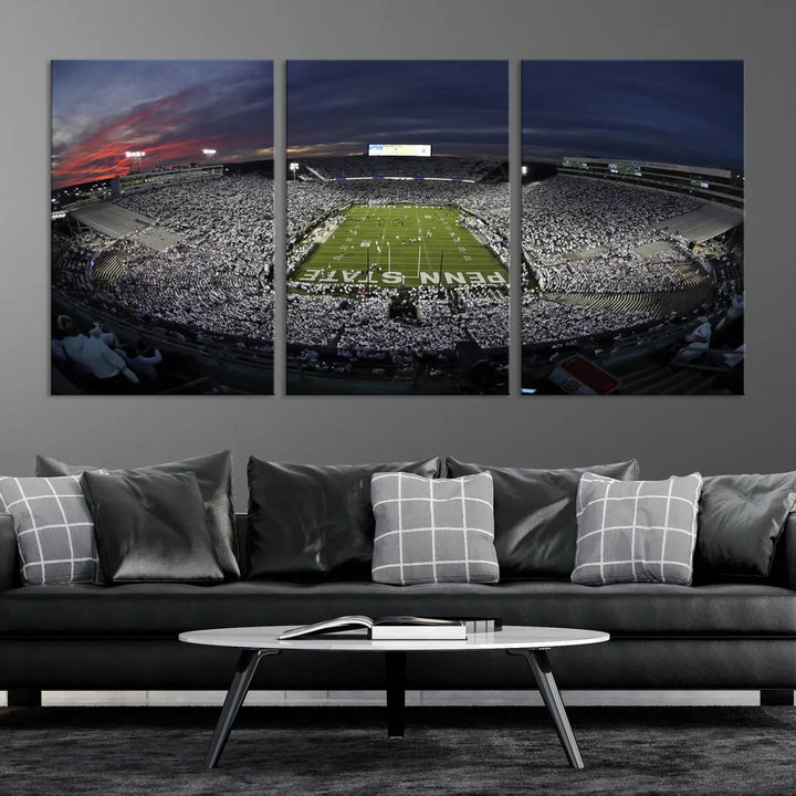 The Penn State University Nittany Lions Football Team Print, showcasing a panoramic view of University Park Beaver Stadium at sunset, features a gallery-quality finish on premium canvas that adds an elegant touch.