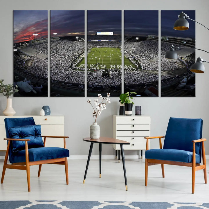 The Penn State University Nittany Lions Football Team Print, showcasing a panoramic view of University Park Beaver Stadium at sunset, features a gallery-quality finish on premium canvas that adds an elegant touch.