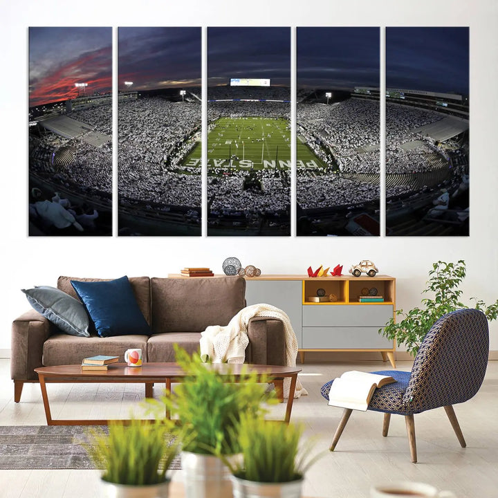 The Penn State University Nittany Lions Football Team Print, showcasing a panoramic view of University Park Beaver Stadium at sunset, features a gallery-quality finish on premium canvas that adds an elegant touch.