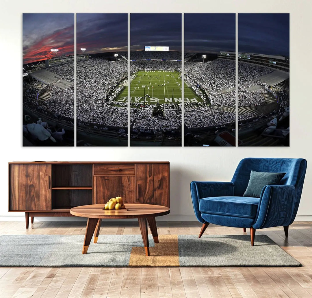 The Penn State University Nittany Lions Football Team Print, showcasing a panoramic view of University Park Beaver Stadium at sunset, features a gallery-quality finish on premium canvas that adds an elegant touch.