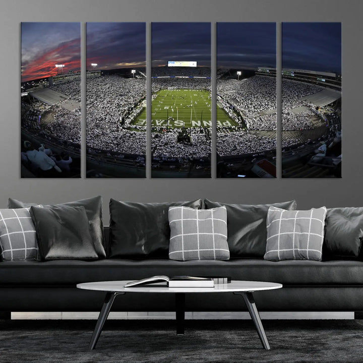 The Penn State University Nittany Lions Football Team Print, showcasing a panoramic view of University Park Beaver Stadium at sunset, features a gallery-quality finish on premium canvas that adds an elegant touch.