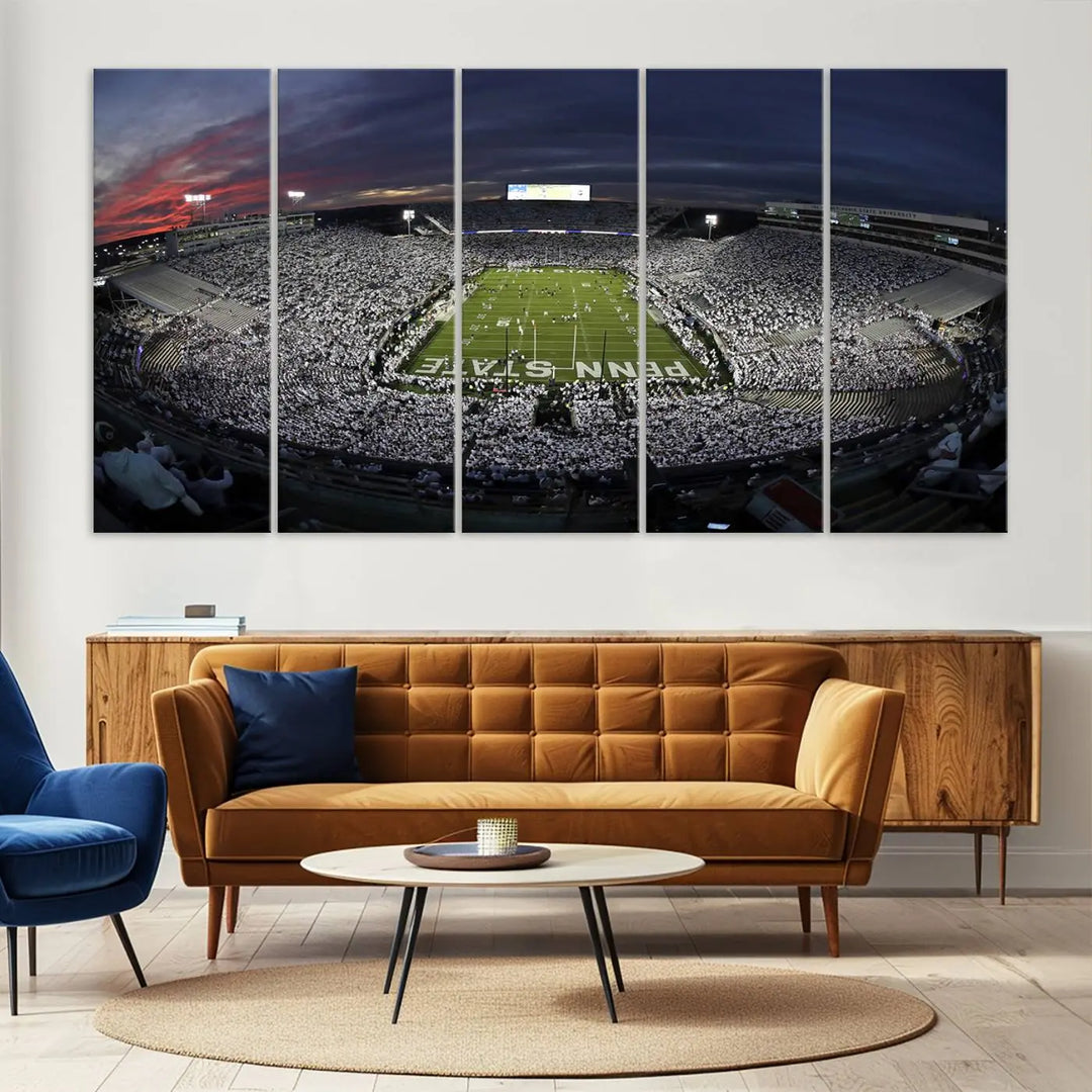 The Penn State University Nittany Lions Football Team Print, showcasing a panoramic view of University Park Beaver Stadium at sunset, features a gallery-quality finish on premium canvas that adds an elegant touch.