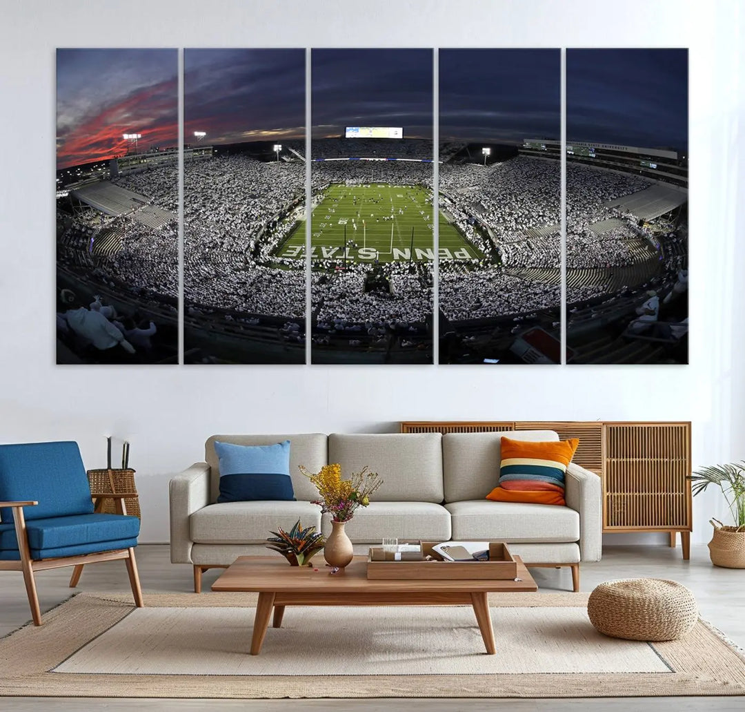 The Penn State University Nittany Lions Football Team Print, showcasing a panoramic view of University Park Beaver Stadium at sunset, features a gallery-quality finish on premium canvas that adds an elegant touch.