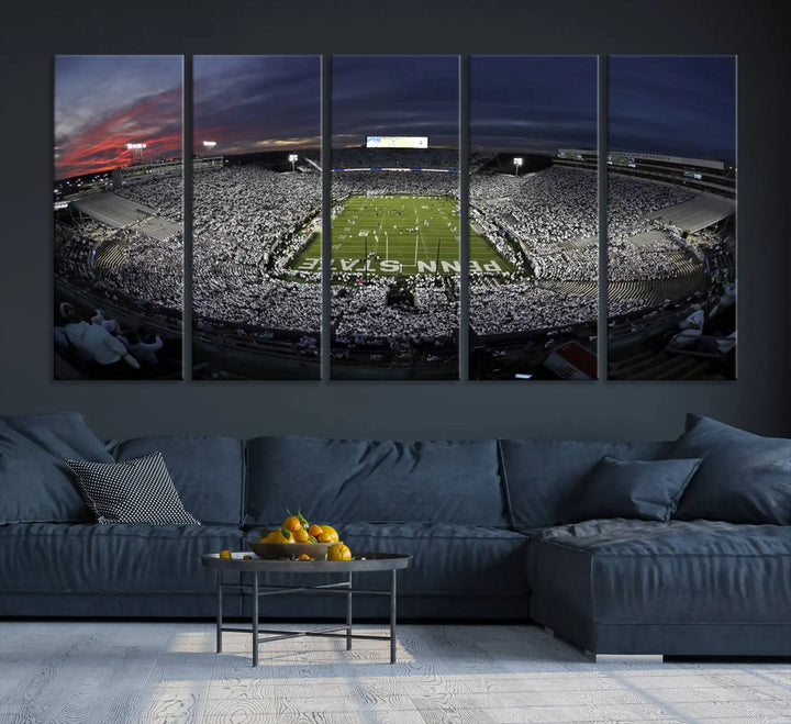 The Penn State University Nittany Lions Football Team Print, showcasing a panoramic view of University Park Beaver Stadium at sunset, features a gallery-quality finish on premium canvas that adds an elegant touch.