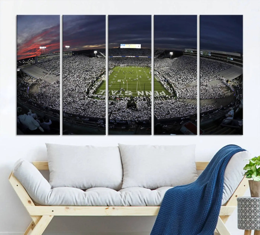 The Penn State University Nittany Lions Football Team Print, showcasing a panoramic view of University Park Beaver Stadium at sunset, features a gallery-quality finish on premium canvas that adds an elegant touch.