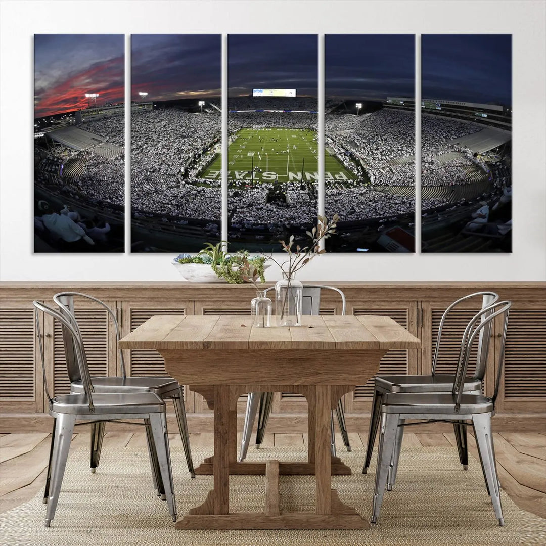 The Penn State University Nittany Lions Football Team Print, showcasing a panoramic view of University Park Beaver Stadium at sunset, features a gallery-quality finish on premium canvas that adds an elegant touch.