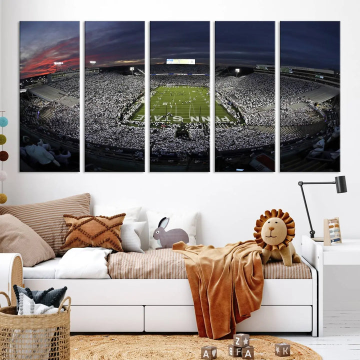 The Penn State University Nittany Lions Football Team Print, showcasing a panoramic view of University Park Beaver Stadium at sunset, features a gallery-quality finish on premium canvas that adds an elegant touch.