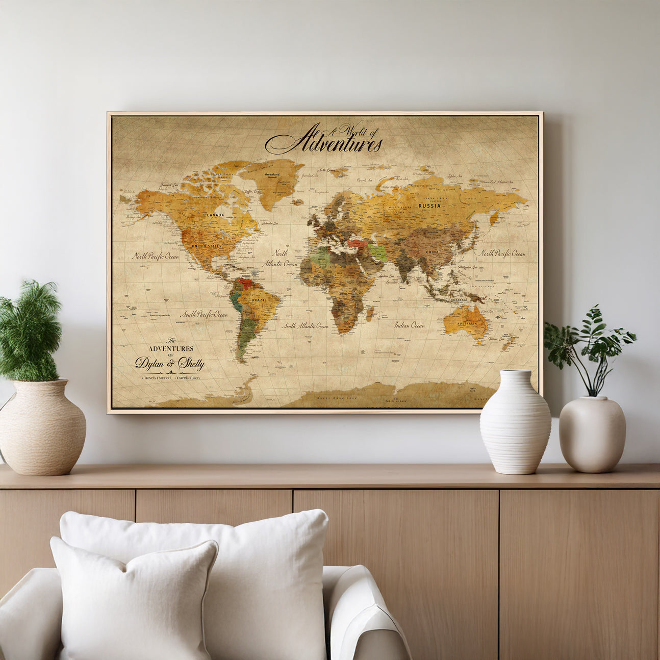 50298017-MGV-CV-36X24-Personalized World Map Print, Customizable Push Pin Framed World Map Print on Canvas - Custom Quote on Map Print