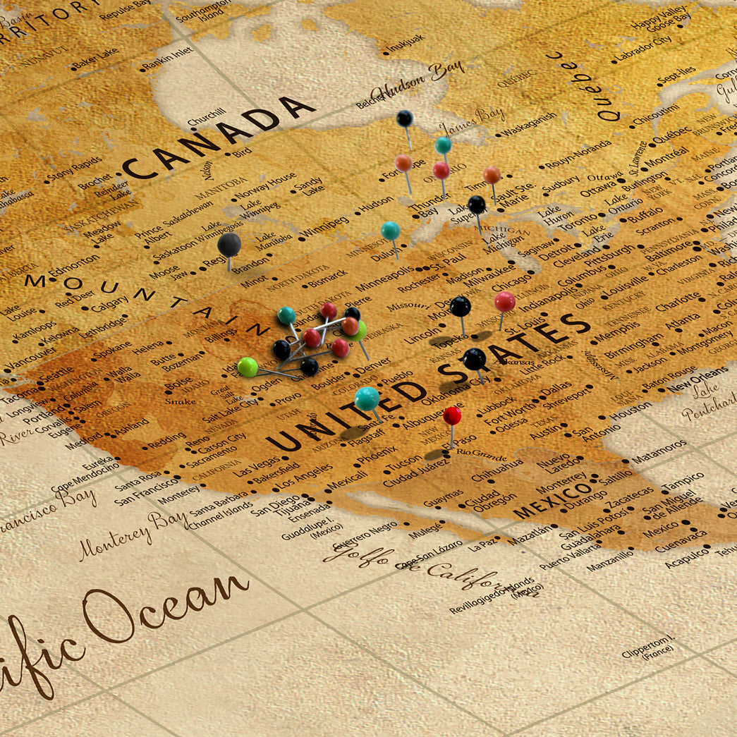 50298017-MGV-CV-36X24-Personalized World Map Print, Customizable Push Pin Framed World Map Print on Canvas - Custom Quote on Map Print