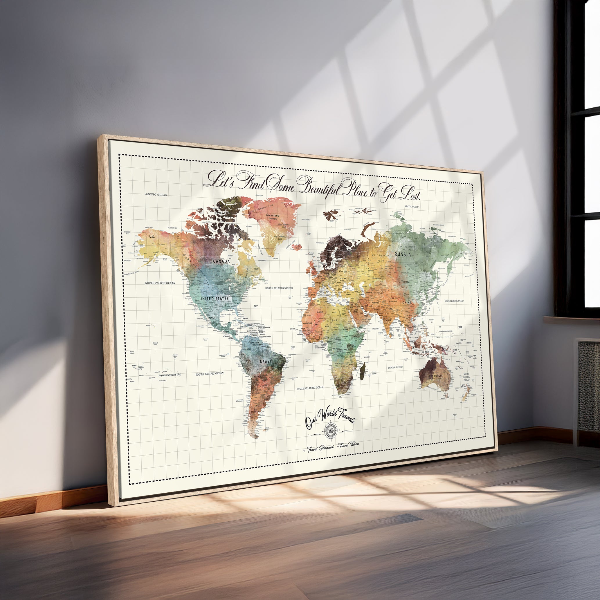 Rehber01-MGV-CV-36X24-Personalized Push Pin World Map Canvas Print – Custom Adventure Travel Tracker Map, Framed Wall Art Gift for Couples or Family