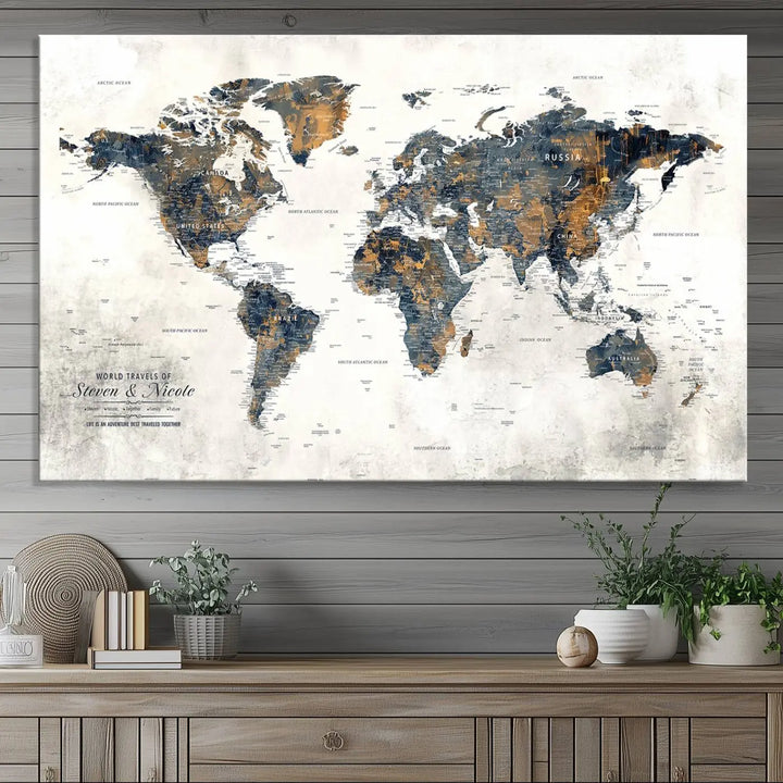 A smiling woman proudly holds the Personalized Push Pin Map Wall Art Print - Detailed Custom World Map Canvas Print in front of a white wall, perfect for travel enthusiasts eager to mark their adventures.