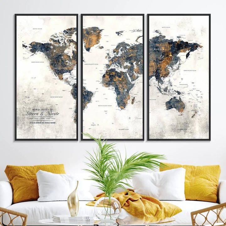 A smiling woman proudly holds the Personalized Push Pin Map Wall Art Print - Detailed Custom World Map Canvas Print in front of a white wall, perfect for travel enthusiasts eager to mark their adventures.